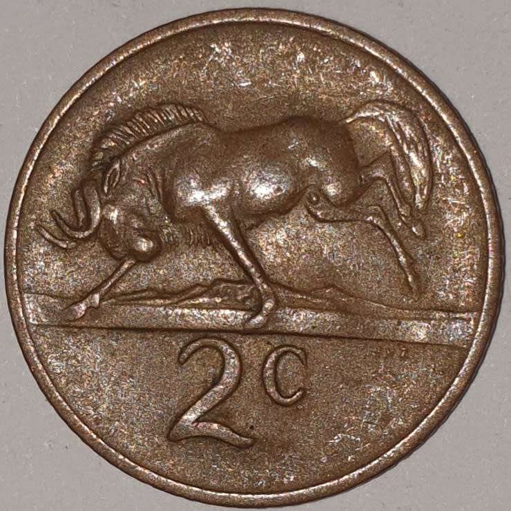1973 - 2 CENT COIN (TWO CENT COIN) - RSA - BRONZE - KM#83 - BILINGUAL LEGEND - WILDEBEEST